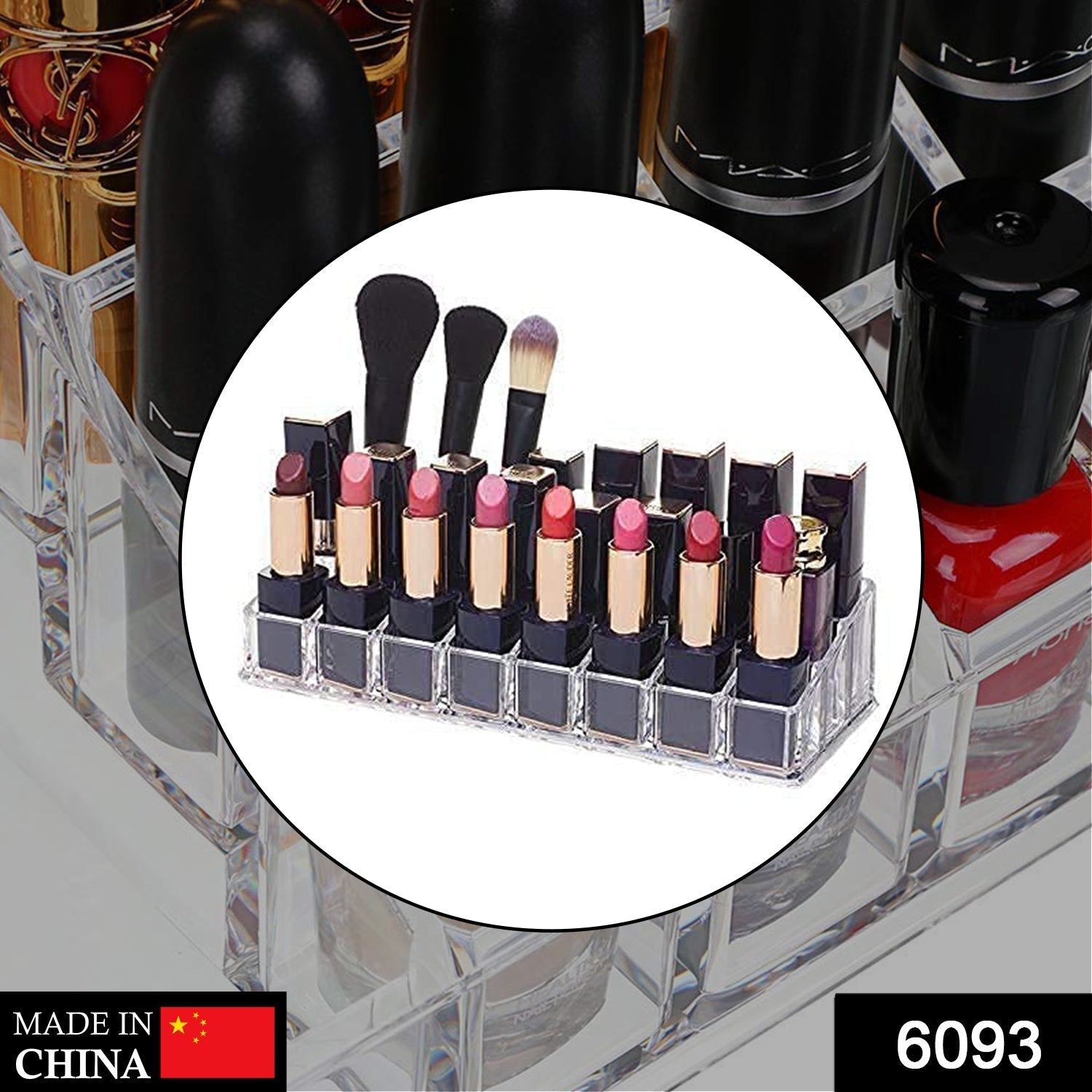 Close-up of the 24-section acrylic cosmetics stand, highlighting the individual compartments Close-up of the 24-section acrylic cosmetics stand, highlighting the individual compartments